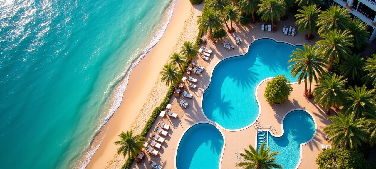 An aerial view of the beautiful Coastal Sands Resort with its pools and beach access.